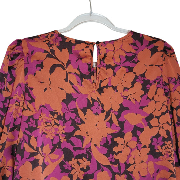 Pleione Floral Silky Blouse Scoop Neck Long Sleeve Purple Orange Black Top Large - Picture 8 of 13